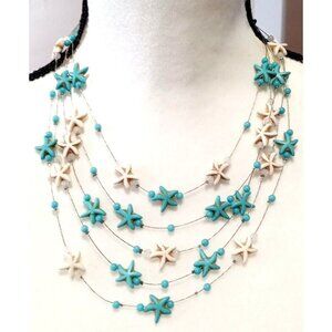 Nautical Ocean Starfish Bead Necklace Statement Bib Floating Wire Blue White